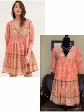 SPELL NWT Boho Short Sleeve Tassel Tie Seashell Mini Dress XS